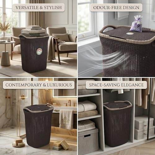 Image of Plastic Laundry Basket with Lid | 60L Extra Large Knit Hamper | Strong & Durable | Ideal for Bathroom, Bedroom & Kids Room | Multipurpose Cloth Storage Organiser | 36 x 46 x 61 cm | Weather Brown