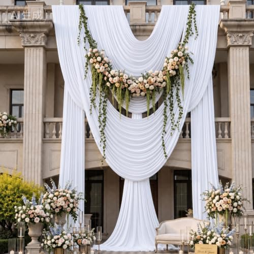 Image of 12 Panels 5x14ft White Backdrop Curtains for Parties, Wrinkle Free Polyester White Photo Backdrop Drapes 14 ft Long Back Drop Cloth for Wedding Birthday Photography Background Party