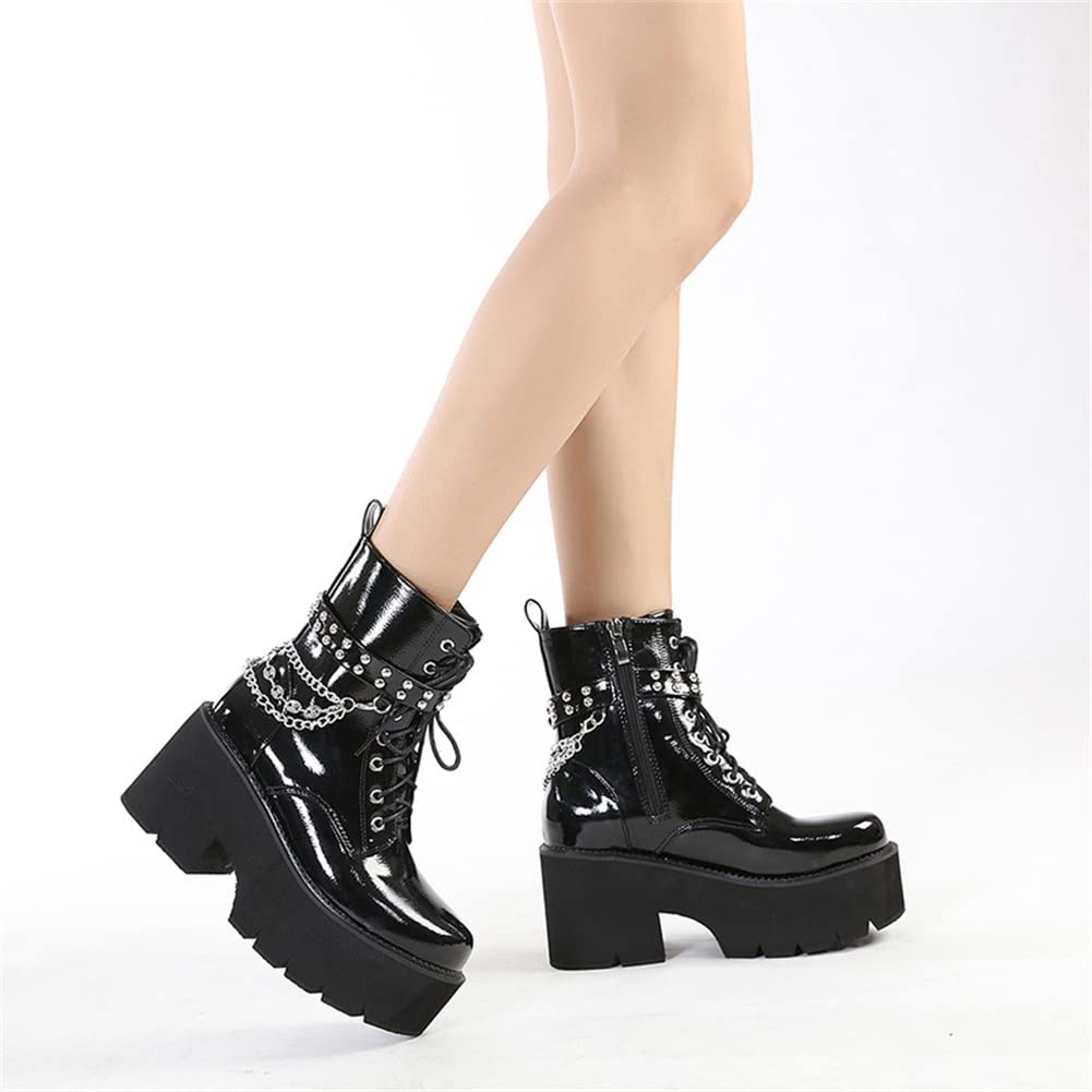 HOTRA Piattaforma con Zeppa Nera con Lacci da Donna Stivaletti Stivali da Moto Punk Catena Gotica Stivali dell'Esercito Borchiati con Tacco Largo e Grosso (Color : Black4, Size : 38 EU