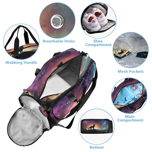 YETTASBIN Sport Travel Duffel Bag for Girls Boys, Galaxy Wolf Large Waterproof Weekender Overnight Bag, Detachable Shoulder Strap Gym Bag with Shoe Compartment & Wet Pocket4