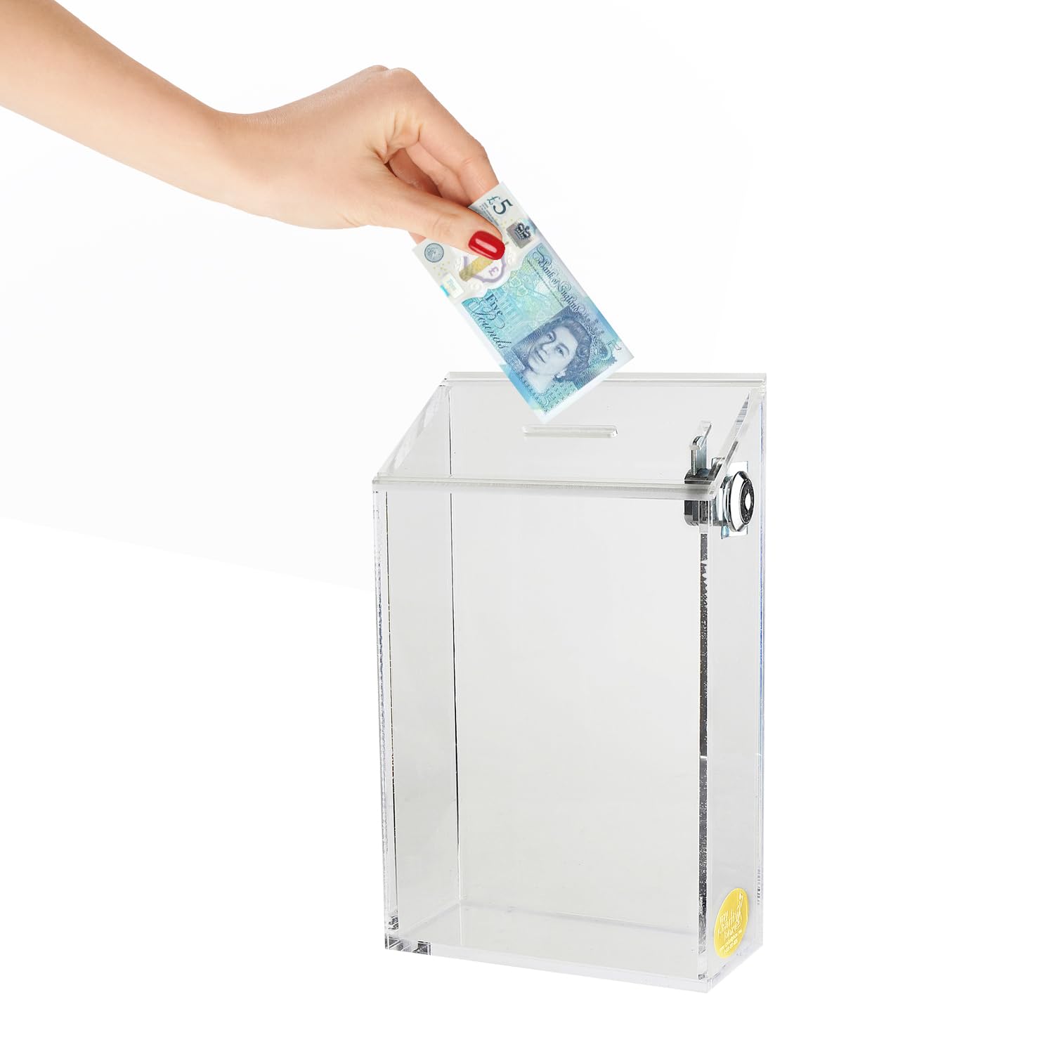 Rectangular Clear Acrylic Donation Suggestion collection Box Pre Drilled Holes For Wall mounted Or Retail Countertop Tip Box with slant top 9.3 x 2.5 x 5.5 inches, Lock With set of keys