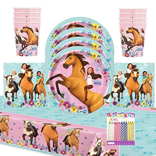 Unique Spirit Riding Free Party Supplies Pack Serves 16 Guests Birthday Plates Napkins Cups and Table Cover with Candles for Girl Set Pink Brown Multicolor