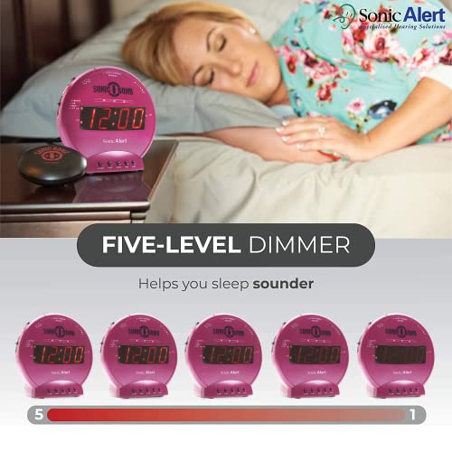 Image of Sonic Alert Sonic Bomb Dual Alarm Clock with Bed Shaker, Pink Vibrating Alarm Clock for Heavy Sleepers, Battery Backup | Wake with a Shake