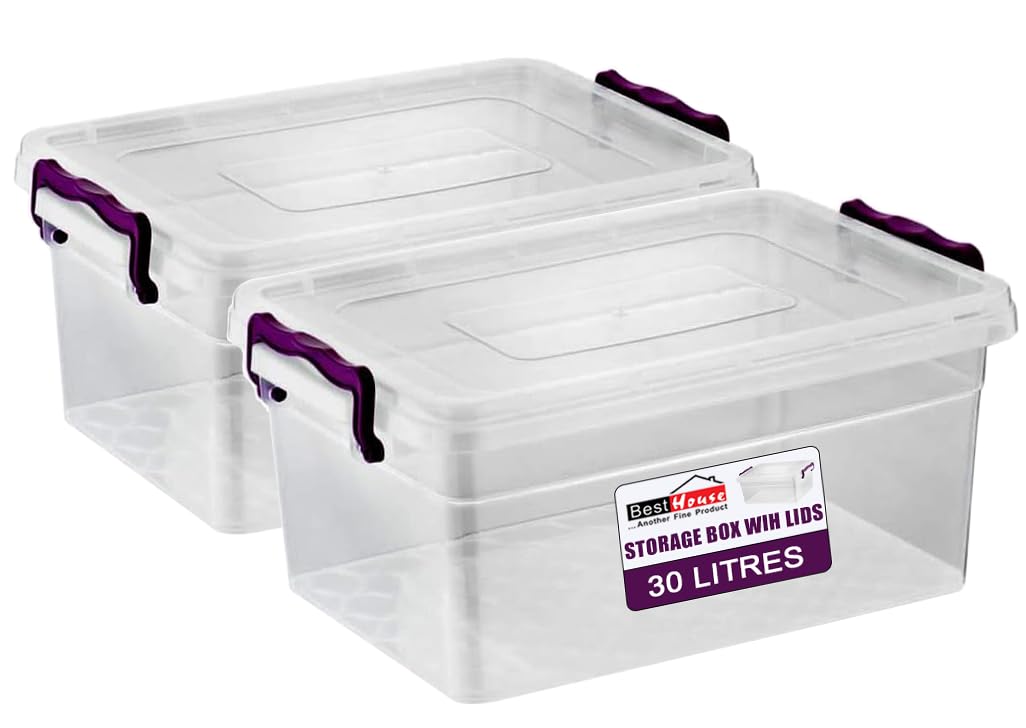BH | 2 PCS Clear Plastic Storage Box with Lids | 30L | Storage Containers Use for Home, office, Kitchen, Toys and Goods (30 Litres) - By BEST HOUSE — image 1