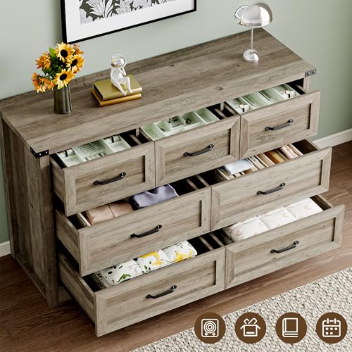 Image of BORNOON 7-Drawer Dresser for Bedroom, Modern Wooden Chest of Drawers with Metal Handles, Anti-Tipping Design, Sturdy and Stable Storage Organizer for Living Room, Entryway, Home Office