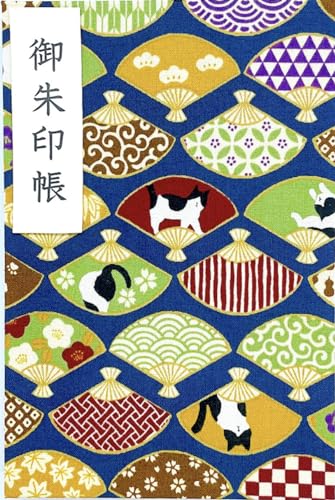【ハチワレ猫ちゃん】大判サイズ 御朱印帳・蛇腹タイプ・12山24頁(片面使い)/24山48頁(両面使い)・和柄 (扇子(青))