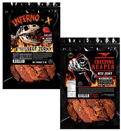 Jjd Usa Inferno X And Creeping Reaper Jerky - Jurassic Jerky Carnivore Candy Peppered Beef Jerky Hottest Peppers In The World!! Sweet With Heat! High Protein cover