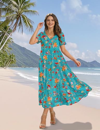 Image of YESNO Women's Summer Maxi Dresses Casual Floral Short Sleeve V Neck Boho Beach Vacation Swing Dress with Pockets EVF