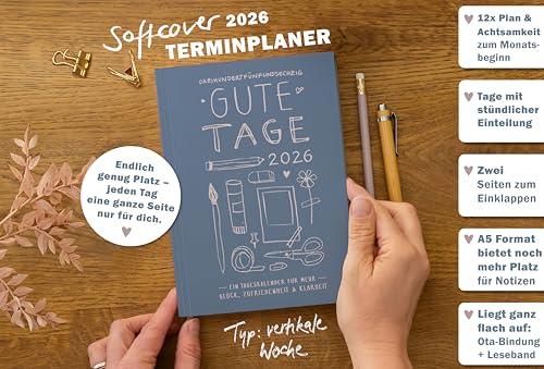 Eine der Guten Terminkalender A5 – 365 gute Tage 2026, Tagesplaner mit Leseband, 1 Tag pro Seite, Tageskalender, Notizbuch