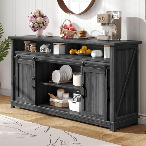 DWVO Farmhouse Sideboard Buffet Cabinet, 63'' Coffee Bar Cabinet with 2 Sliding Barn Doors & 2 Visual Grid Doors, Rustic Storage Cabinets for Kitchen & Living Room, Dark Grey