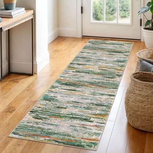 2x6 Green Teal Orange Multi Modern Abstract Runner Rug for Hallway, Super Soft Hallway Decor Kitchen Rugs with Non-Slip, Non-Shedding Washable Rug for Entryway Bedroom Laundry Indoor