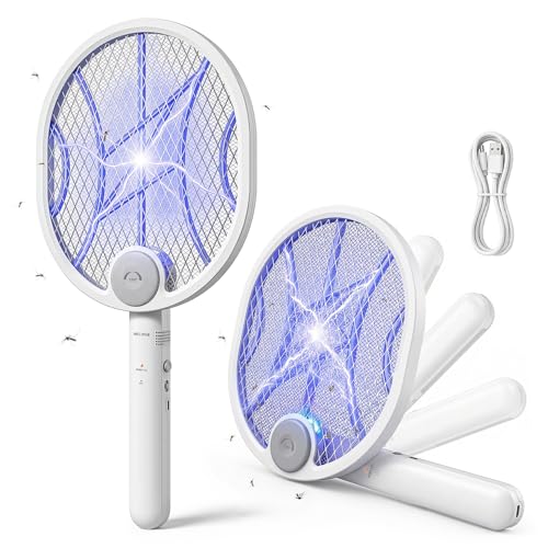Electric Fly Swatter 4000V Electric Mosquito Swatter with 180-Degree Rotatable Head Rechargeable 1500mAh Battery fly zapper Portable Insect Killer for Home Camping & Outdoor Fly Zapper White
