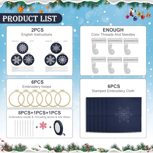Image of 6 Sets Christmas Embroidery kit for Beginners Adults, Blue Christmas Ornament Kit Snowflakes Needlepoint Cross Stitch Kits, Stitch Learning Kit with Needles Ropes Ribbon for Xmas Hanukkah Decorations