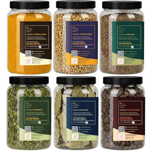 Image of LILA DRY FRUITS North Indian Spices Masala Combo | Haldi, Dhania, Jeera, Kasuri Methi, Tej Patta & Badi Elaichi 100 Gms Each
