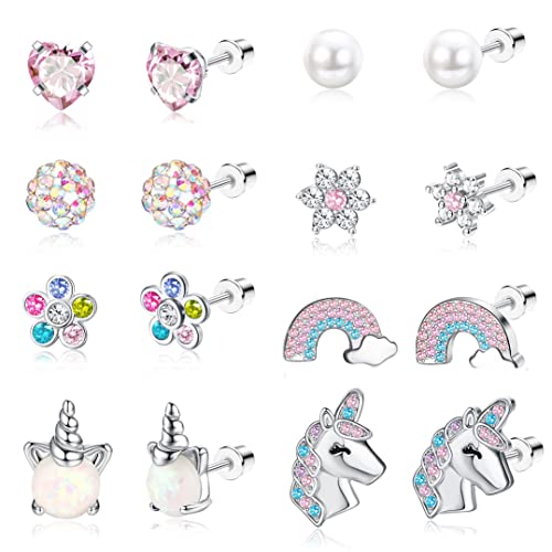 Jstyle 8 Pairs Hypoallergenic Screw Back Earrings for Girls Women 316L Stainless Steel Tiny CZ Pearl Heart Flower Butterfly Unicorn Screwback Earrings Studs Set Multicolored