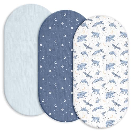 Image of Gllquen Baby Muslin Bassinet Sheets 3 Pack, Breathable Elastic Cozy Fitted Cotton Bassinet Mattress Sheet for Baby Boy Girls, Fit for Hourglass Oval Rectangular Cradle Pad Sheets 33"x17" (Star)