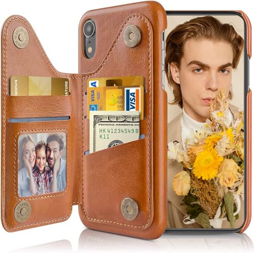 LOHASIC Wallet Case for iPhone XR, 5 Card Holder Phone Cover to Men Women, Vintage PU Leather Credit Slot, Magnetic Clasp Kickstand Flip Folio Portfolio Pocket, 6.1 Inch - Brown