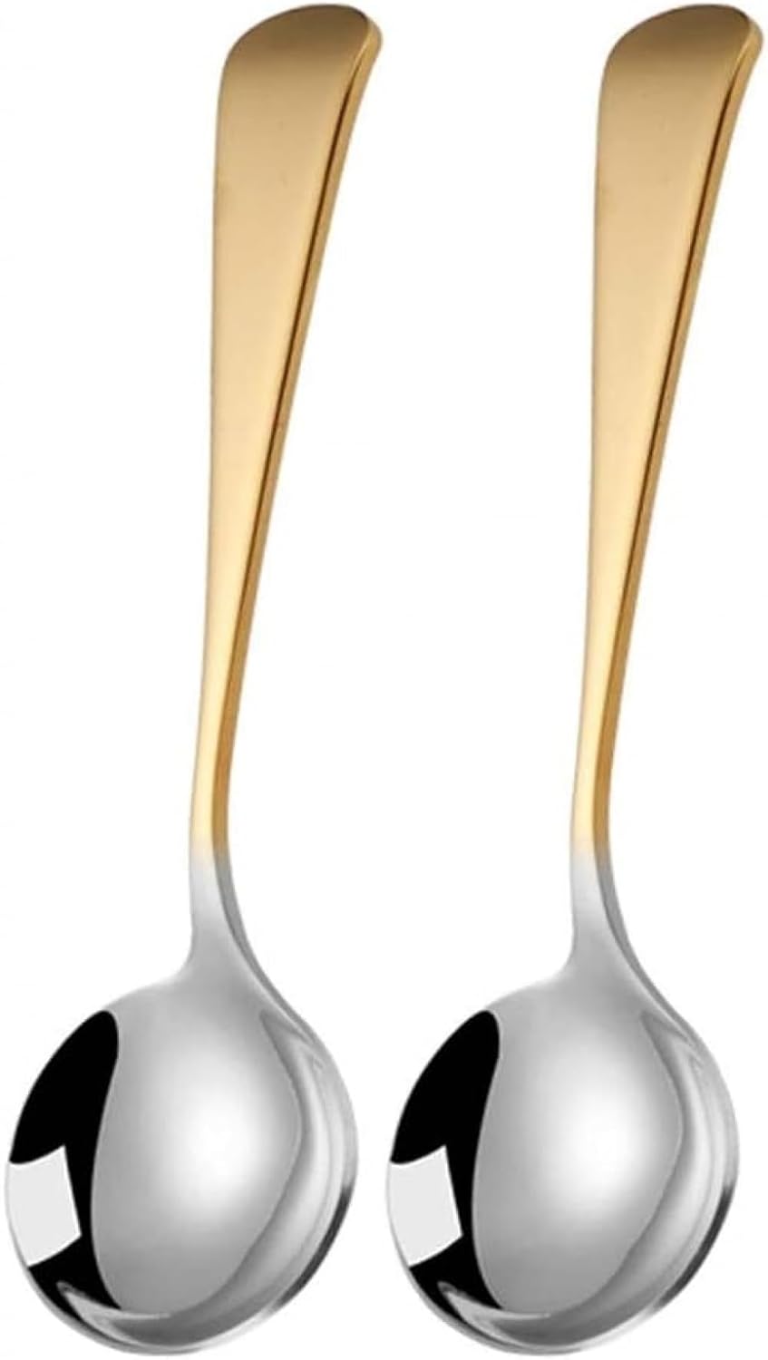Dessert Spoon,Spoon Beautiful Colored Spoons, Stainless Steel Long-handle Coffee Spoons, Set of 2 Pieces, Round Dessert Spoons Serving spoon -18.4CM