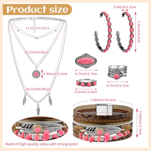 Image of Ecally Bohemian Western Jewelry Turquoise Set Women Country Pendant Long Choker Layered Bracelets Earrings Ring for Women