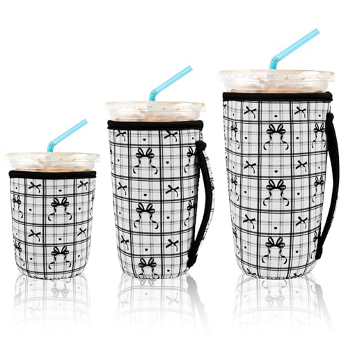Image of KJQJLY 3 Pack Reusable Iced Coffee Sleeves for Iced Coffee Cups or Drinks Reusable Neoprene Insulated Sleeves for Hot and Cold Drinks from Starbucks, Dunkin, And More (Black Bow)