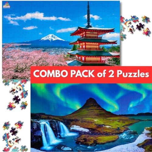 Image of Combo Pack of 2 Wooden Jigsaw Puzzles | 300-Piece Mount Fuji Japan & Aurora Borealis Night Sky Puzzle Set | Relaxing Fun Game for Adults & Kids 8+