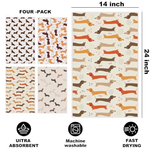 Image of 4 Pcs Cute Dachshund Kitchen Towels, Dachshund Gifts Reusable Dish Towels 4