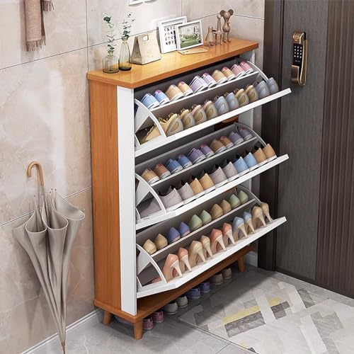 Meuble à chaussures ultra-mince avec pieds en bois massif et étagères blanches - 3