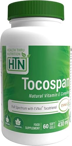 Health Thru Nutrition, Tocospan Vitamine E, Complexe Tocophérol-Tocotriénol, 400UI, Fortement Dosé, 60 Capsules molles, Testé en Laboratoire, Sans Gluten, Sans OGM Cover