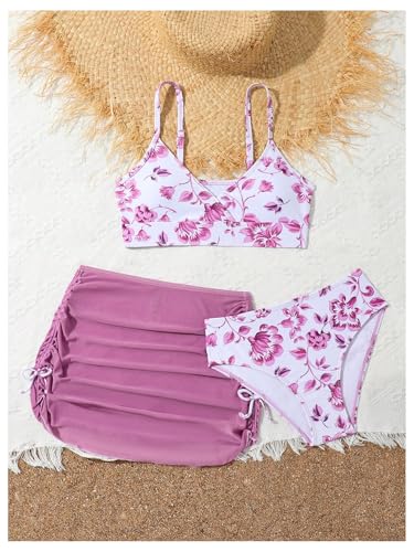 Image of COZYEASE Girls' 3 Piece Set Floral Print Bikini Swimsuit with Drawstring Beach Skirt Cute Ruched Bathing Suit
