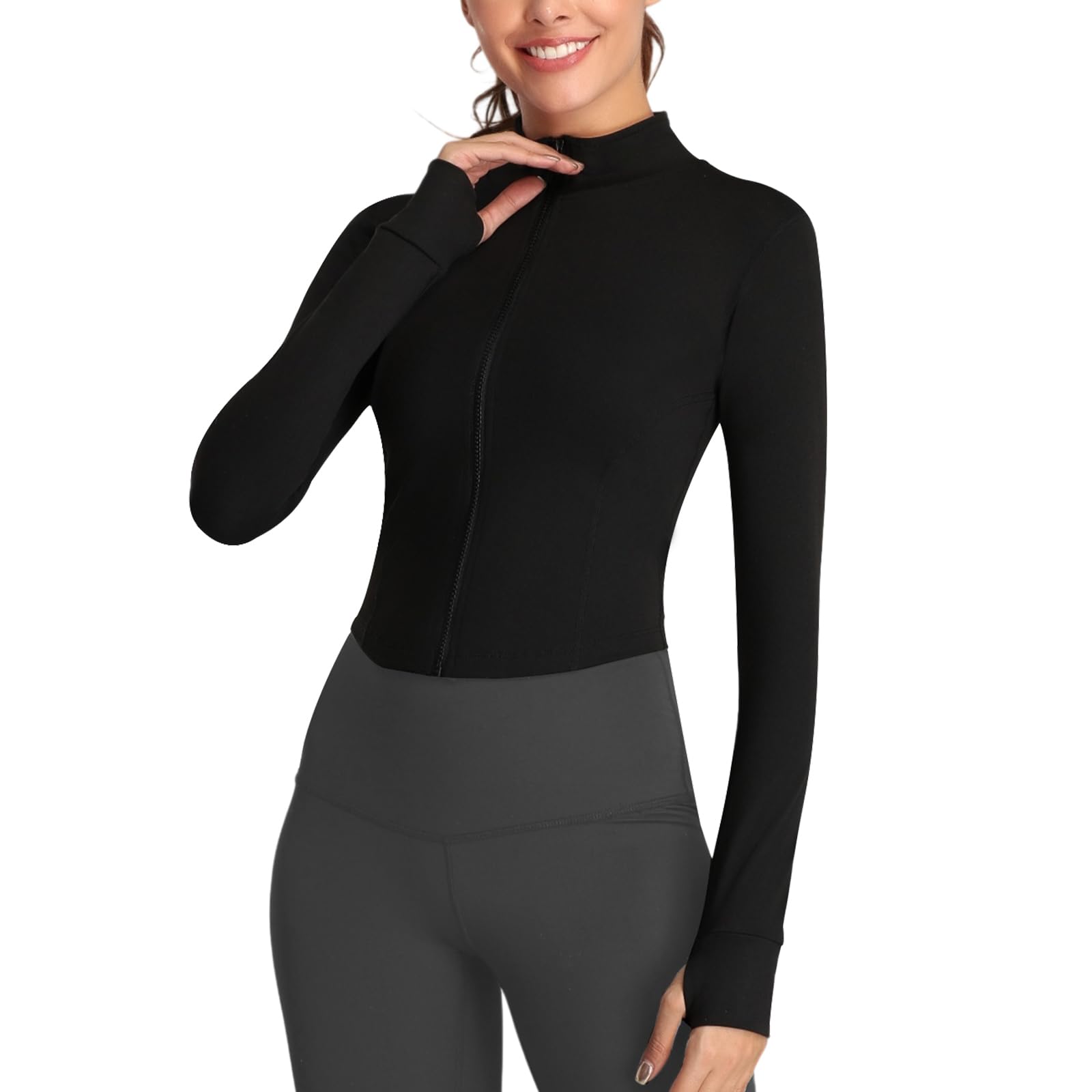 Cighay Women's Full Zip Running Yoga Slim Fit Cropped Bbl Athletic Jacket Workout Sportwear With Thumb Holes