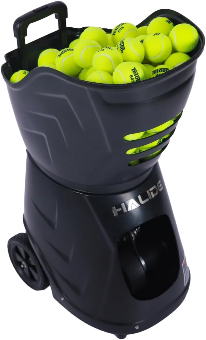 HT8088A Tennis Ball Machine with hopper full of tennis balls