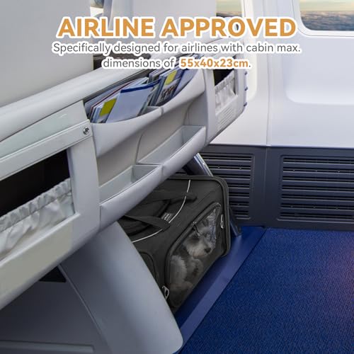 Petsfit Hundetasche Flugzeug 55x40x23 & Flugtasche Hund | Transportbox Katze | Transporttasche Hund Katzen | Sicherer Transport in Auto, Flugzeug und Bahn,mit 2 Platzierung-Methode, L/Schwarz
