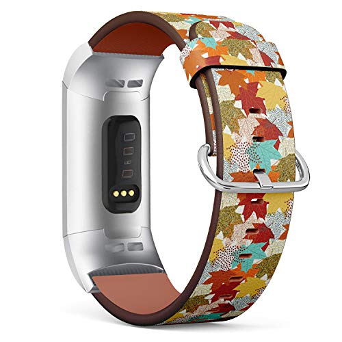 Compatible with Fitbit Charge 3 & 3 SE - Leather Wristband Bracelet Replacement Accessory Band (Includes Adapters) - Fall Maple Leaves