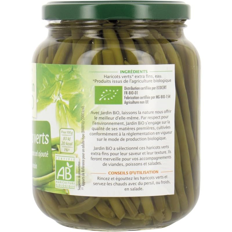 Jardin Bio Etic - Haricots Verts Bio Rangés à la Main Sans Sel Ajout - Bocal 345g pour Alimentation Saine et Naturelle. - Lot De 3 - Vendu Par Lot