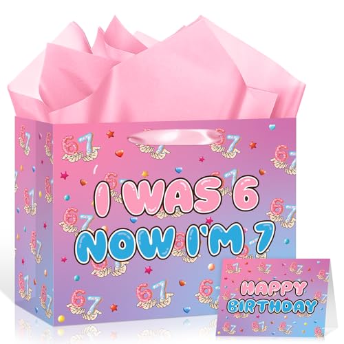 Pink Blue 6 7 Birthday Gift Bag for Girls Sweet Donut 6 7 Birthday Wrapping Paper Bag with Greeting Card and Paper for Girls Donut Grow up Pastel I Was 6 Now I'm 7 Years Old Birthday Party Supplies