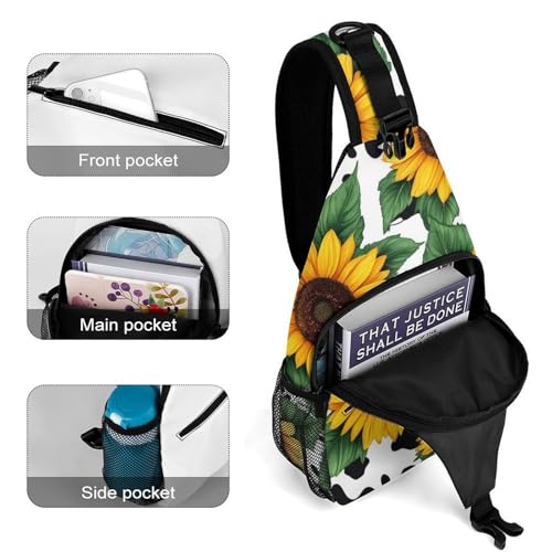 Men's Fashion Chest Bag, Travel Shoulder Pack, Small Cross Body Sling Bag 80s Vintage Sunflower Cow Print4