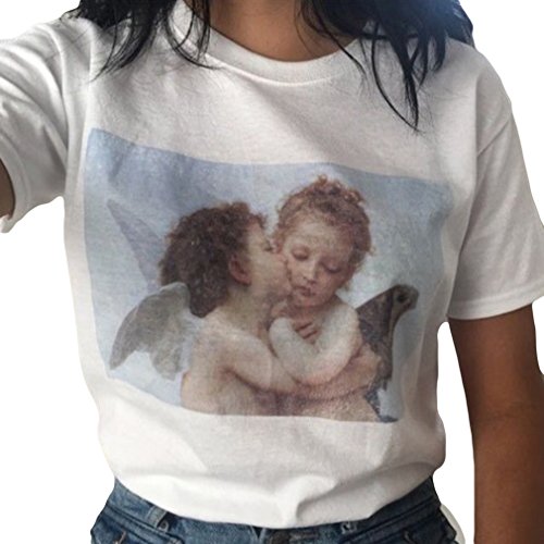 Dolland Womens Baby Angel Kiss Print Funny T-Shirt Summer Casual T-Shirts Round Neck Short Sleeve Top Tee,White,S