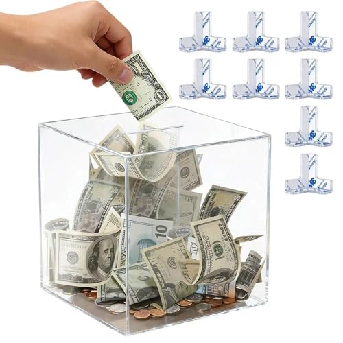 Acrylic Money Saving Box Clear Money Box with 8PCS Corner Guards Transparent Money Boxes for Adults or Kids 12 x 12 x 12cm Unopenable Money Box for Storing Cash or Coin