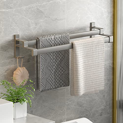 Veefos Bath Double Towel Bar 15.7 Inch, Bathroom Hand Towel Holder With Towel Hooks Gray Towel Rack For Kitchen, Space Aluminum, Adhesive & Screw In #TOP3