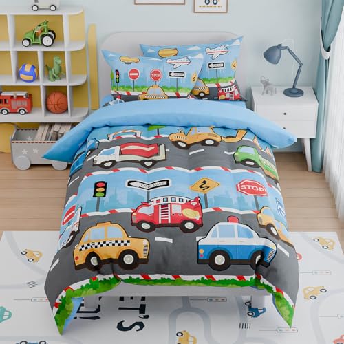 Image of Transportation Kids Bedding Set for Boys, Ultra Soft Microfiber Comforter Set Twin Size with 3-Pieces, Comforters Bed Sets for Boy Children Kids
