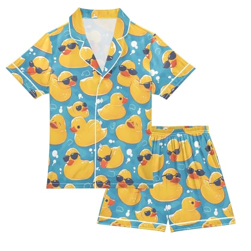 ALAZA Duck Blue Yellow Satin Pajamas Set Short Sleeve Button Down Sleepwear Summer Pjs 2 Piece