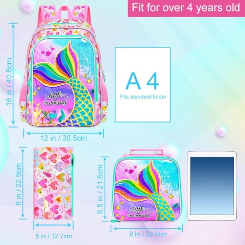 Image of 3Pcs Mermaid Backpack for Girls, 16 inch Kids Bookbag Set with Lunch Box,School Backpacks for Elementary Preschool Kindergarten (Rainbow)