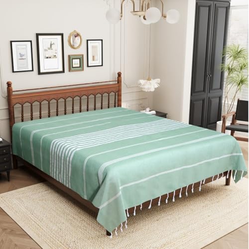 Image of Handmade Double Bedsheet 210 TC | Without Pillow Cover | Handloom Cotton Bedsheets for Double Bed | Double Bedsheet for Summer (Size 90X100 Inches, 7.5 x 8.3 Feet (Sea Green, Double Bed)