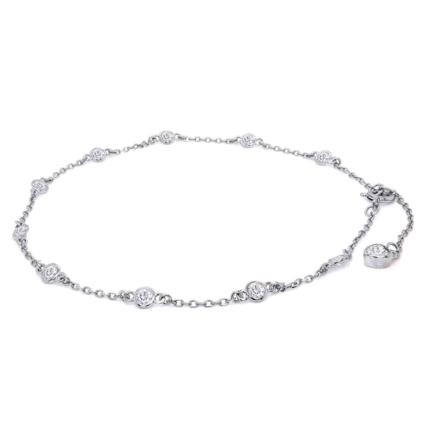 Station Anklet Bracelet For Women 3MM Round Lab Created Moissanite Bezel Set Single Piece Dainty Link Chain Anklet in 14K Gold Plated 925 Sterling Silver 8" to 10" Fine Jewelry Gift for Her: A1 : White Gold 8.0 Inches