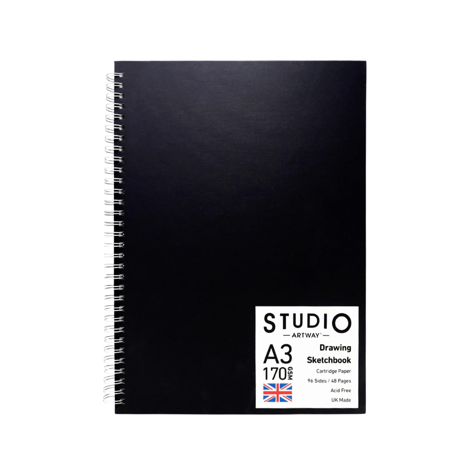 Artway Studio – Spiral Bound A3 Sketchbook – Portrait - 96 Sides/48 Pages of 170gsm Cartridge Paper – Black Hardback Sketchbook