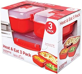 Sistema Heat & Eat Microwave Containers | Stackable Lunch Boxes with Clip-Close Lids | Red/Clear | Pack of 3