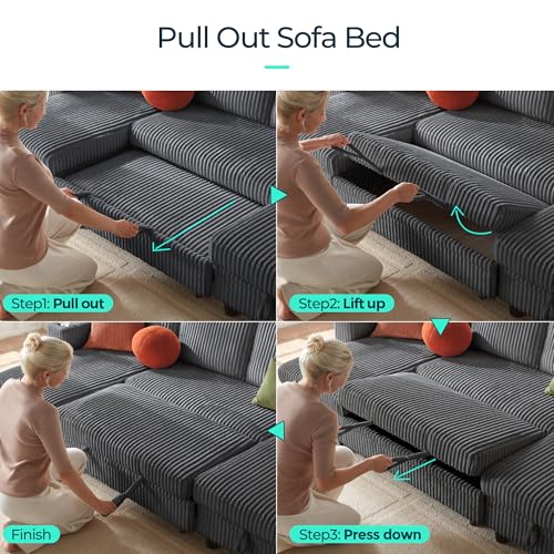 Image of LINSY HOME Sectional Sofa with Pull Out Bed, 4 Seats Corduroy Reversible Sleeper Sofa with Storage Seats, USB Ports, Cup Holders, Side Pocket, U Shape Sectional Couches for Living Room, Gray
