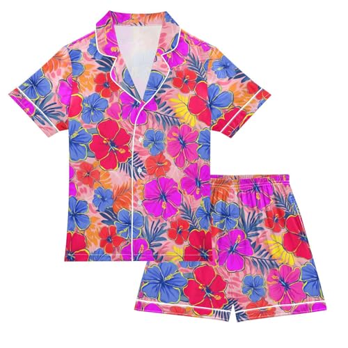 ALAZA Purple Hibiscus Flower Blossom Satin Pajamas Set Short Sleeve Button Down Sleepwear Summer Pjs 2 Piece