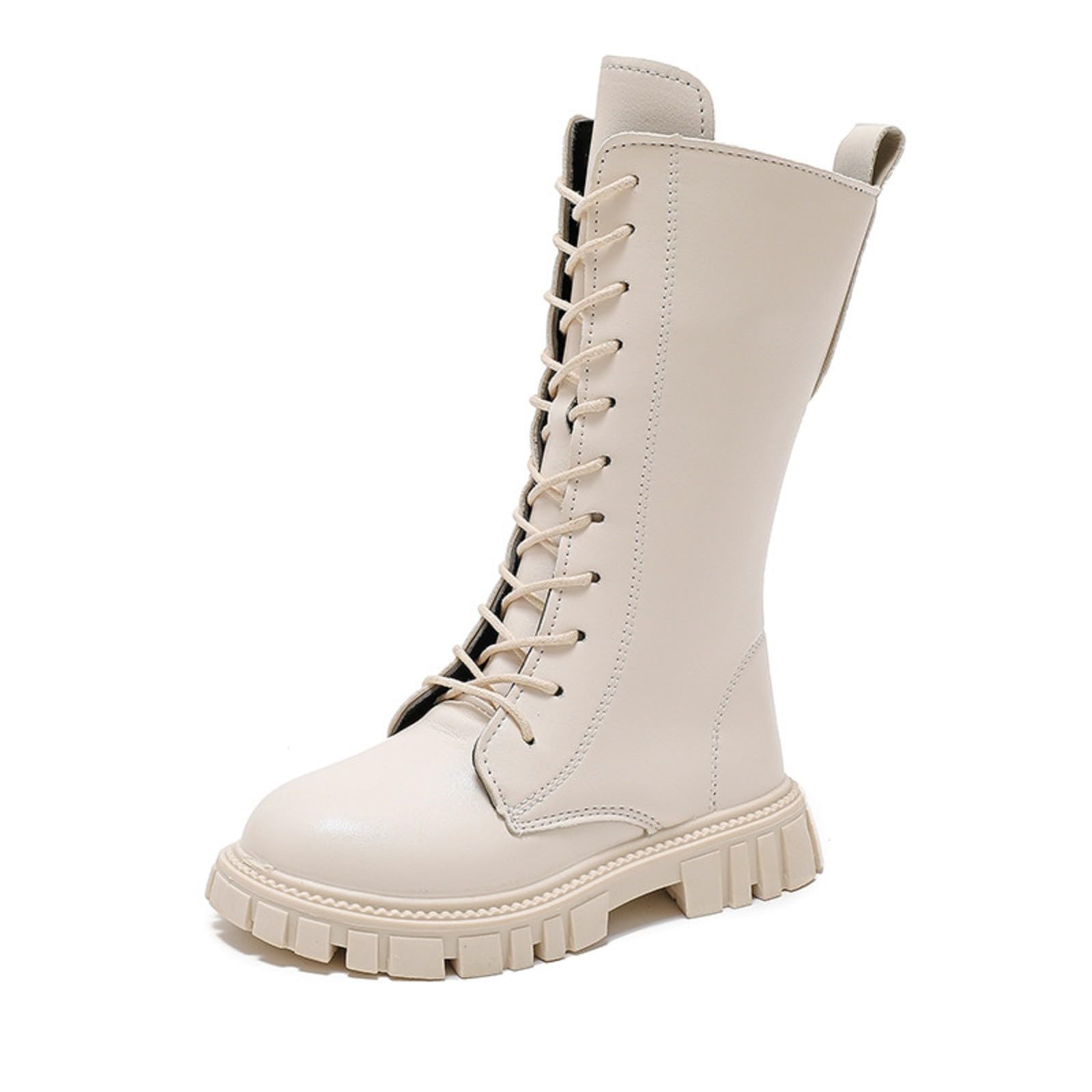 Botas de equitación con cordones para niñas, botas de combate a media pantorrilla, de piel sintética, con cremallera lateral, puntera redonda, tacones gruesos, zapatos de invierno, para Halloween