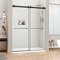 Sunrosa Frameless Double Sliding Shower Door 44-48" W x 76" H, 5/16" (8mm) Thick Easy-Clean Tempered Glass, Soft-Close Adjustable Shower Door with Towel Bar, Matte Black Finish